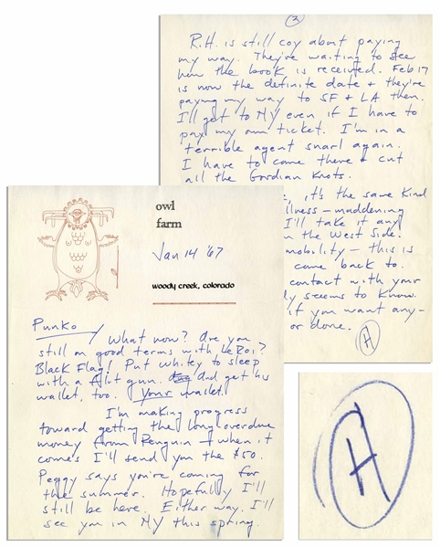 Hunter S. Thompson Autograph Letter Signed From 1967 -- ''...I'm in a terrible agent snarl again. I have to come there & cut all the Gordian knots...''